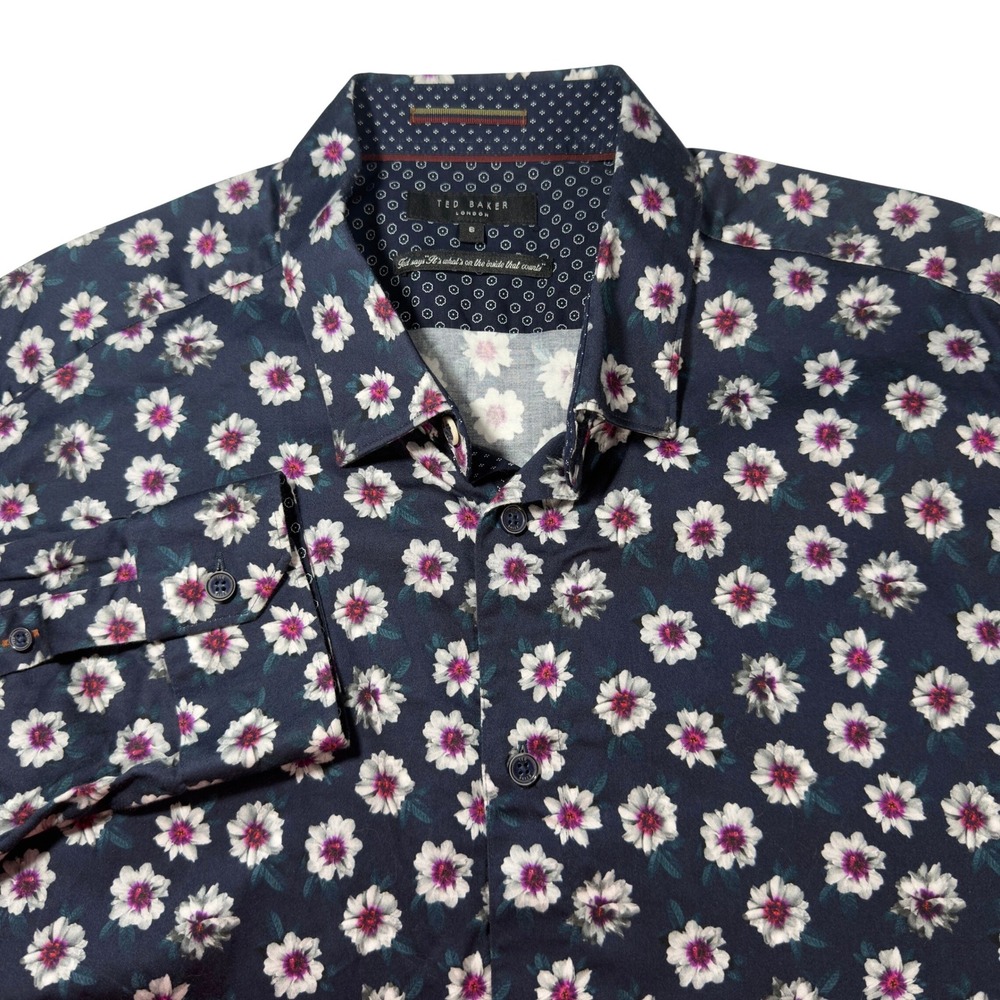 Ted Baker Floral Button Down Mens Size 6 Navy Blue Excellent Long Sleeve Shirt